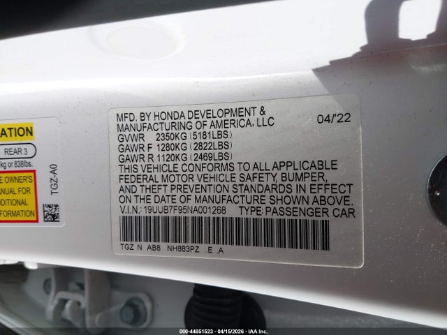 44851523 :رقم المزاد ، 19UUB7F95NA001268 vin ، 2022 Acura Tlx Type S - Hp Wheel And Tire مزاد بيع