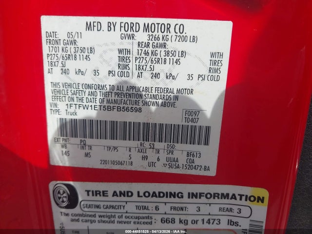 Продаж на аукціоні авто 2011 Ford F-150 Xlt, vin: 1FTFW1ET5BFB56598, номер лоту: 44851525