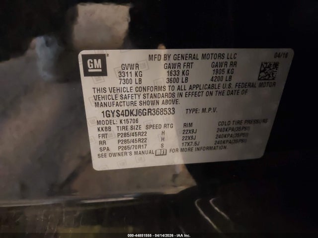 44851555 :رقم المزاد ، 1GYS4DKJ6GR368533 vin ، 2016 Cadillac Escalade Platinum مزاد بيع