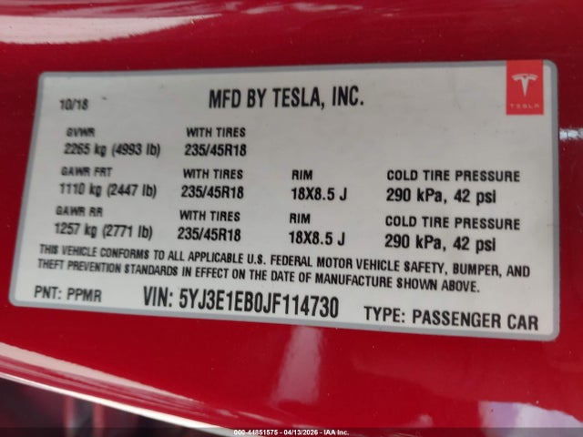 2018 Tesla Model 3 Long Range/performance მანქანა იყიდება აუქციონზე, vin: 5YJ3E1EB0JF114730, აუქციონის ნომერი: 44851575