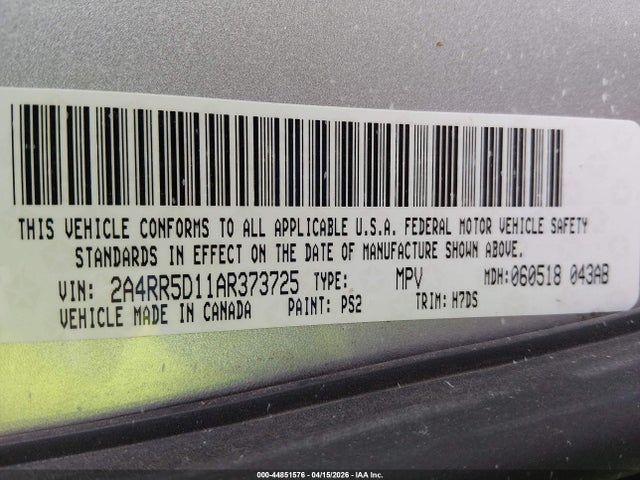 2010 Chrysler Town & Country Touring მანქანა იყიდება აუქციონზე, vin: 2A4RR5D11AR373725, აუქციონის ნომერი: 44851576