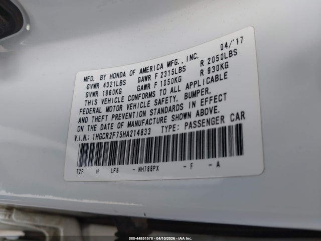 Honda ACCORD EX 2017 1HGCR2F75HA214833 Image 9