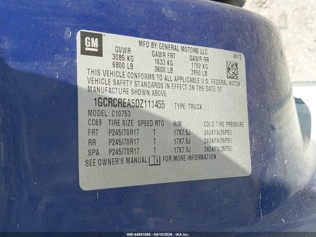 2013 Chevrolet Silverado 1500 Ls მანქანა იყიდება აუქციონზე, vin: 1GCRCREA5DZ111455, აუქციონის ნომერი: 44851595