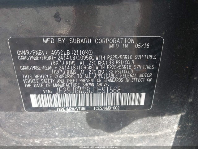 2018 Subaru Forester 2.0xt Touring მანქანა იყიდება აუქციონზე, vin: JF2SJGWC8JH591568, აუქციონის ნომერი: 44851600