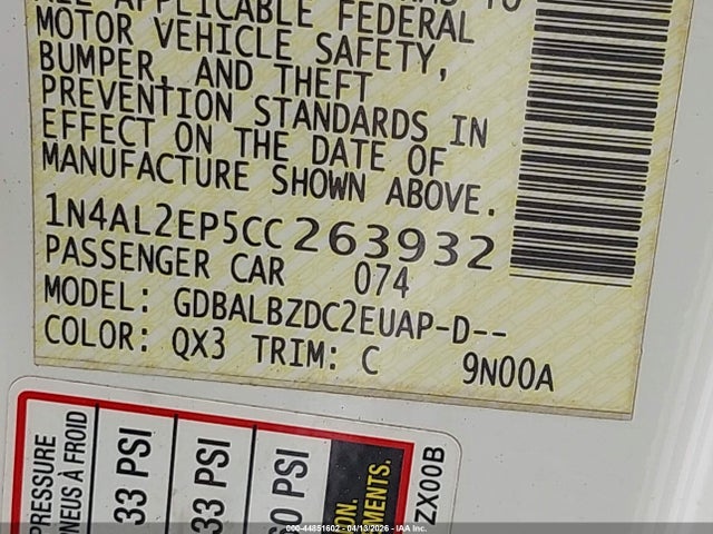 2012 Nissan Altima 2.5 S მანქანა იყიდება აუქციონზე, vin: 1N4AL2EP5CC263932, აუქციონის ნომერი: 44851602