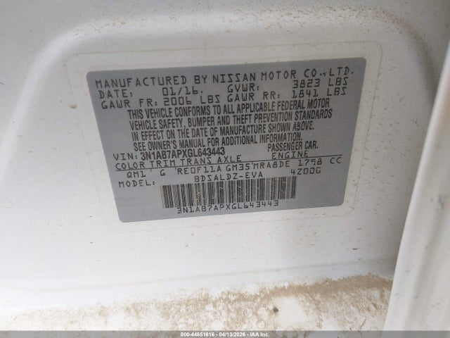 Aukcja sprzedaży 2016 Nissan Sentra Fe+ S/s/sl/sr/sv, vin: 3N1AB7APXGL643443, numer aukcji: 44851616