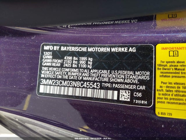 Продажа на аукционе авто 2022 Bmw 230 I, vin: 3MW23CM03N8C45543, номер лота: 44851620