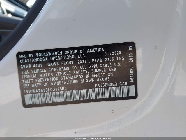 44851627 :رقم المزاد ، 1VWWA7A30LC012366 vin ، 2020 Volkswagen Passat 2.0t Se مزاد بيع