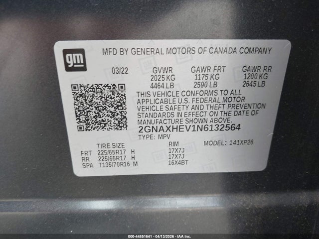 Aukcja sprzedaży 2022 Chevrolet Equinox Fwd Ls, vin: 2GNAXHEV1N6132564, numer aukcji: 44851641