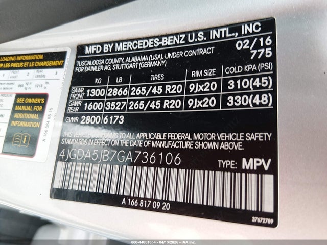Aukcja sprzedaży 2016 Mercedes-benz Gle 350, vin: 4JGDA5JB7GA736106, numer aukcji: 44851654