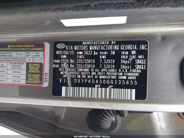 Aukcja sprzedaży 2016 Kia Sorento 3.3l Sx, vin: 5XYPKDA50GG135655, numer aukcji: 44851657