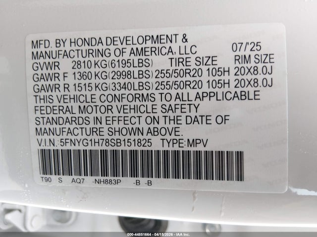 Aukcja sprzedaży 2025 Honda Pilot Touring, vin: 5FNYG1H78SB151825, numer aukcji: 44851664