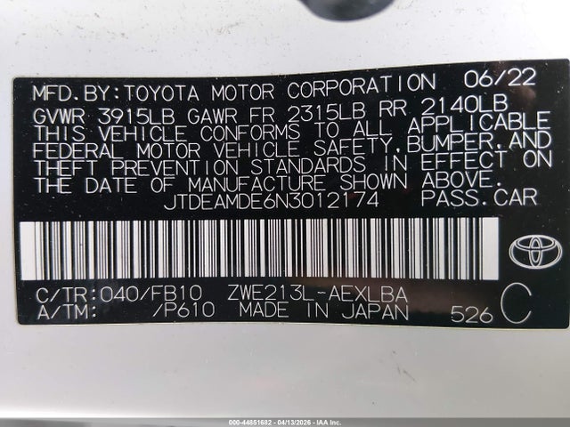 2022 Toyota Corolla Hybrid Le მანქანა იყიდება აუქციონზე, vin: JTDEAMDE6N3012174, აუქციონის ნომერი: 44851682