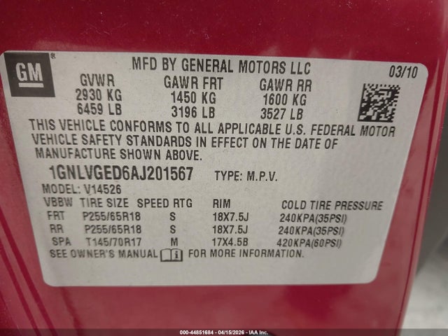 Продаж на аукціоні авто 2010 Chevrolet Traverse Lt, vin: 1GNLVGED6AJ201567, номер лоту: 44851684