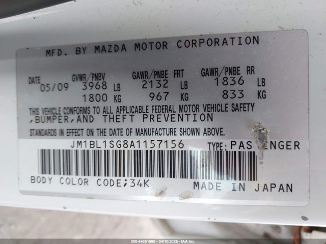44851688 :رقم المزاد ، JM1BL1SG8A1157156 vin ، 2010 Mazda Mazda3 I Touring مزاد بيع