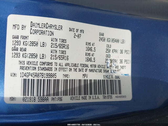 Продажа на аукционе авто 2007 Dodge Caravan Sxt, vin: 1D4GP45R07B199805, номер лота: 44851700