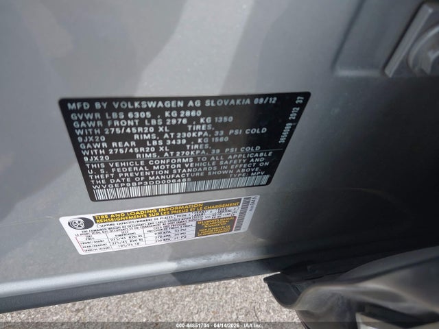 44851704 :رقم المزاد ، WVGEP9BP3DD006465 vin ، 2013 Volkswagen Touareg Tdi Executive مزاد بيع