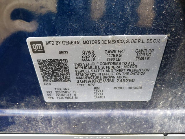44851708 :رقم المزاد ، 3GNAXKEV3NL249250 vin ، 2022 Chevrolet Equinox Fwd Lt مزاد بيع