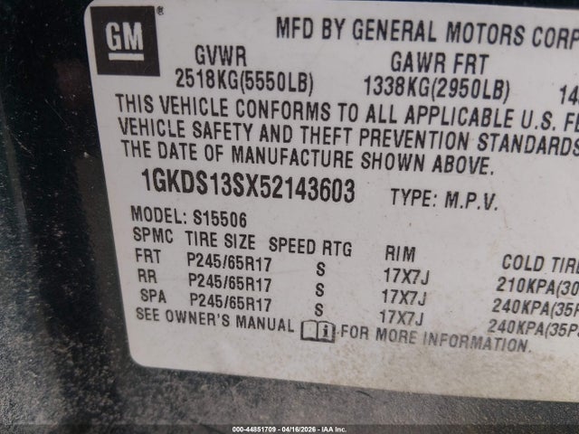 44851709 :رقم المزاد ، 1GKDS13SX52143603 vin ، 2005 Gmc Envoy Sle مزاد بيع