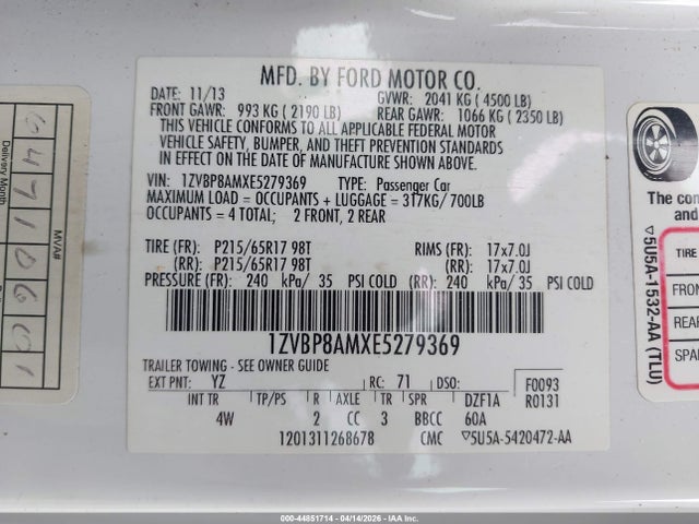 2014 Ford Mustang V6 Premium მანქანა იყიდება აუქციონზე, vin: 1ZVBP8AMXE5279369, აუქციონის ნომერი: 44851714