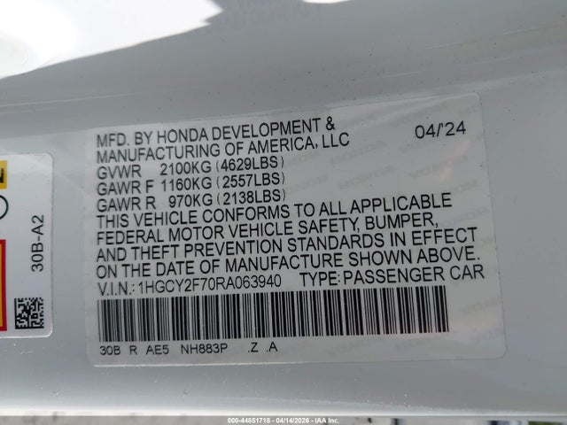 Auction sale of the 2024 Honda Accord Hybrid Sport-l, vin: 1HGCY2F70RA063940, lot number: 44851718