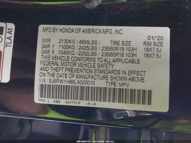 5J6RW1H86LA005010 Honda Cr-v 2wd Ex-l