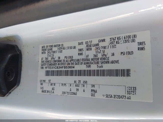 Aukcja sprzedaży 2017 Ford F-150 Xl, vin: 1FTEX1C83HFB53604, numer aukcji: 44851722
