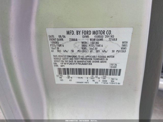 44851725 :رقم المزاد ، 1FMYU03177KA68155 vin ، 2007 Ford Escape Xlt/xlt Sport مزاد بيع