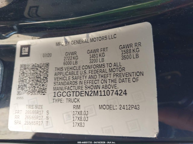 Aukcja sprzedaży 2021 Chevrolet Colorado 4wd  Short Box Z71, vin: 1GCGTDEN2M1107424, numer aukcji: 44851733