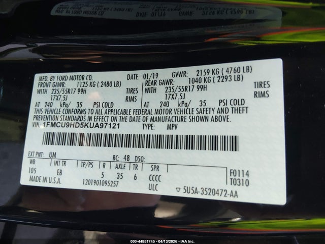 44851745 :رقم المزاد ، 1FMCU9HD5KUA97121 vin ، 2019 Ford Escape Sel مزاد بيع