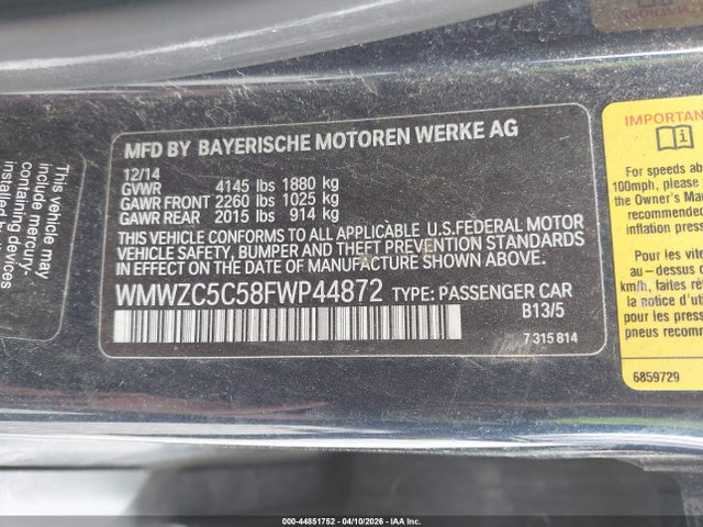 44851752 :رقم المزاد ، WMWZC5C58FWP44872 vin ، 2015 Mini Countryman Cooper S مزاد بيع