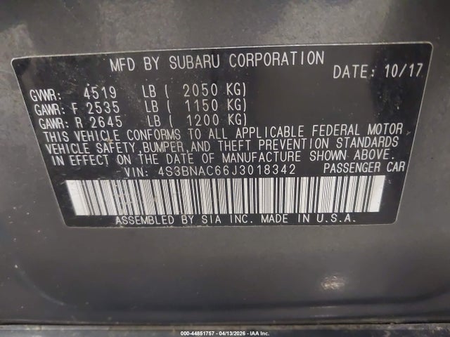 2018 Subaru Legacy 2.5i Premium მანქანა იყიდება აუქციონზე, vin: 4S3BNAC66J3018342, აუქციონის ნომერი: 44851757