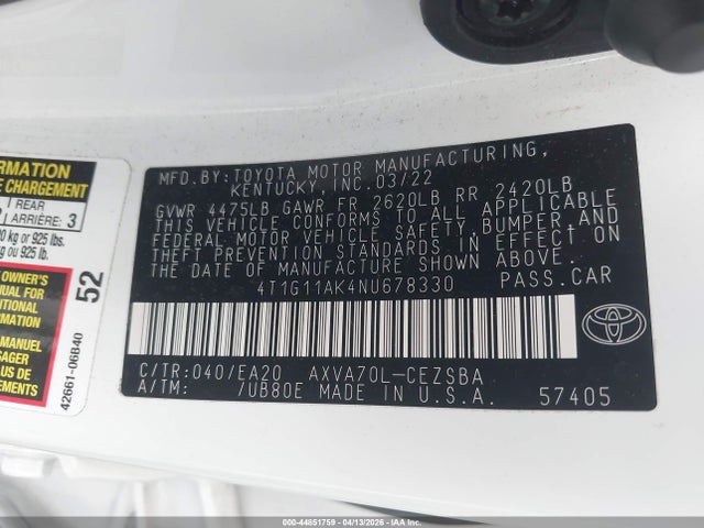 4T1G11AK4NU678330 Toyota CAMRY SE