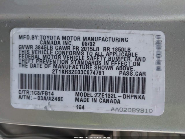 Продажа на аукционе авто 2003 Toyota Matrix Xr, vin: 2T1KR32E03C074781, номер лота: 44851760
