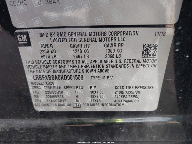Aukcja sprzedaży 2019 Buick Envision Fwd Preferred, vin: LRBFXBSA0KD061558, numer aukcji: 44851761