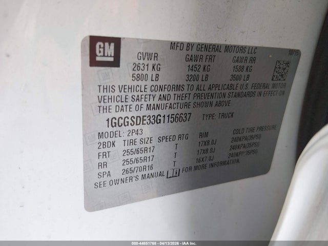 Aukcja sprzedaży 2016 Chevrolet Colorado Z71, vin: 1GCGSDE33G1156637, numer aukcji: 44851768