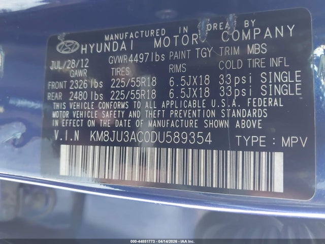 Aukcja sprzedaży 2013 Hyundai Tucson Limited, vin: KM8JU3AC0DU589354, numer aukcji: 44851773