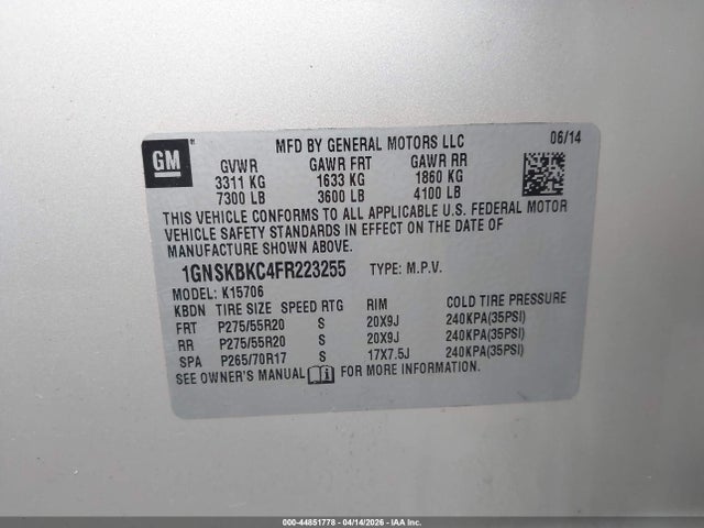44851778 :رقم المزاد ، 1GNSKBKC4FR223255 vin ، 2015 Chevrolet Tahoe Lt مزاد بيع