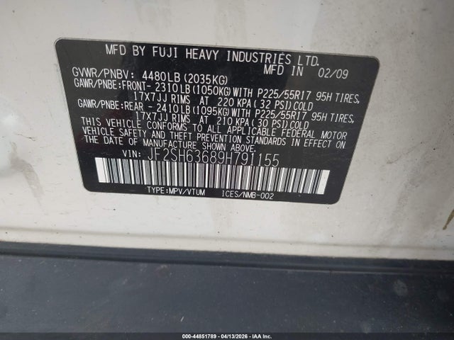 Продаж на аукціоні авто 2009 Subaru Forester 2.5x, vin: JF2SH63689H791155, номер лоту: 44851789