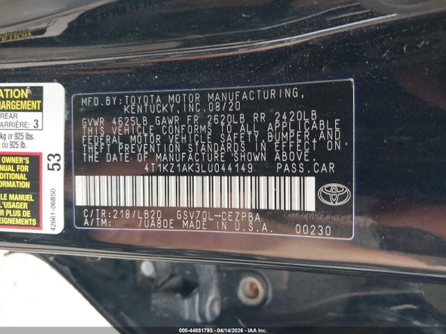 44851793 :رقم المزاد ، 4T1KZ1AK3LU044149 vin ، 2020 Toyota Camry Xse V6 مزاد بيع