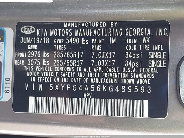 2019 Kia Sorento 3.3l Lx მანქანა იყიდება აუქციონზე, vin: 5XYPG4A56KG489593, აუქციონის ნომერი: 44851794