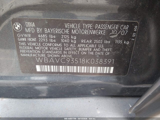 Aukcja sprzedaży 2008 Bmw 328xi, vin: WBAVC93518K038391, numer aukcji: 44851799