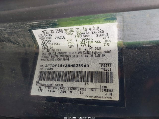 Продажа на аукционе авто 1994 Ford F150, vin: 1FTDF15Y3RNB28964, номер лота: 44851803