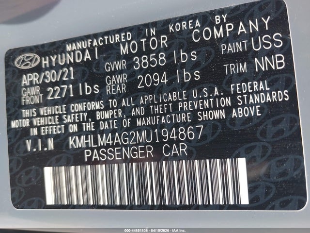 Продажа на аукционе авто 2021 Hyundai Elantra Sel, vin: KMHLM4AG2MU194867, номер лота: 44851806