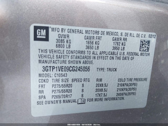 Продаж на аукціоні авто 2012 Gmc Sierra 1500 Sle, vin: 3GTP1VE09CG245056, номер лоту: 44851808