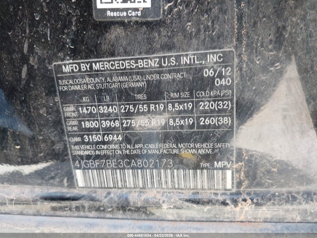 Aukcja sprzedaży 2012 Mercedes-benz Gl 450 4matic, vin: 4JGBF7BE3CA802173, numer aukcji: 44851834