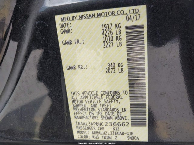Продажа на аукционе авто 2017 Nissan Altima 2.5 Sr, vin: 1N4AL3AP6HC236662, номер лота: 44851840