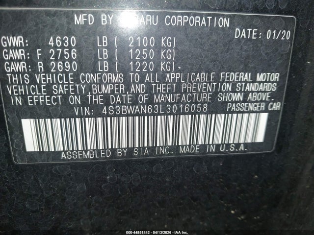 2020 Subaru Legacy Limited მანქანა იყიდება აუქციონზე, vin: 4S3BWAN63L3016058, აუქციონის ნომერი: 44851842
