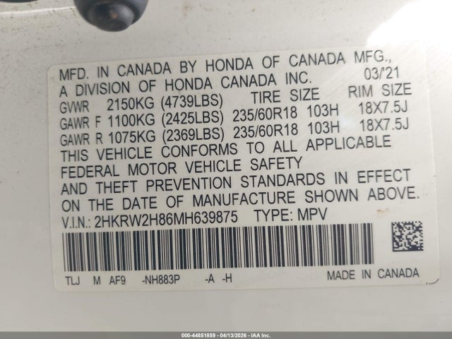2HKRW2H86MH639875 Honda Cr-v Awd Ex-l