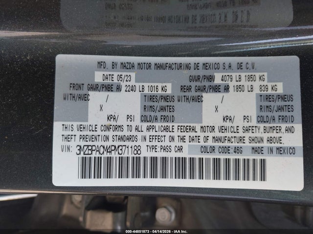 Aukcja sprzedaży 2023 Mazda Mazda3 2.5 S Preferred, vin: 3MZBPACM4PM371188, numer aukcji: 44851873